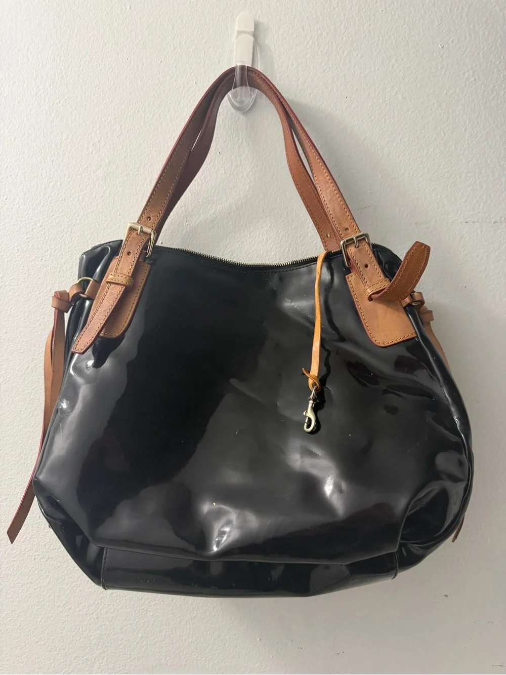 Dooney & Bourke Black Patent Shoulder Bag with Tan Trim and Red Lining